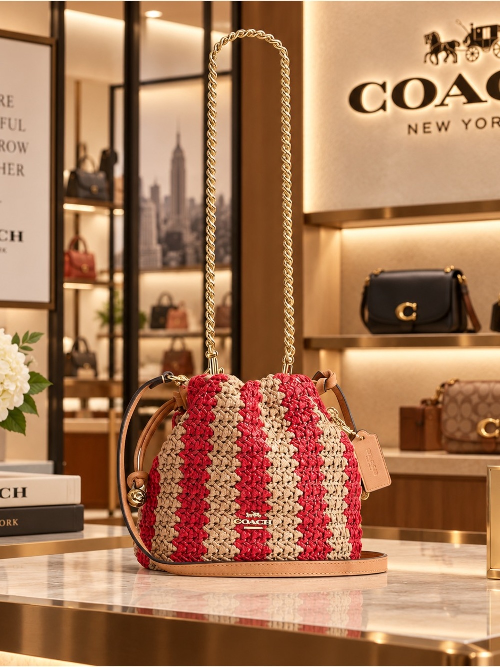Coach Red and Cream Striped Woven Drawstring Bucket Bag/Gold Chain (Sold out)